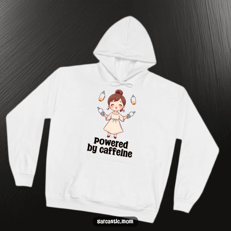 Funny Hoodie: A whimsical mom character balancing multiple baby bottles, offering comfort and a relatable image for parents.