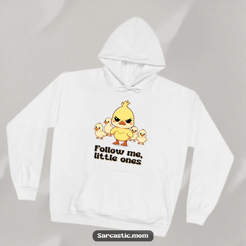 Funny determined mother duck character leading a chaotic line of ducklings, looking focused on this warm and humorous hoodie.