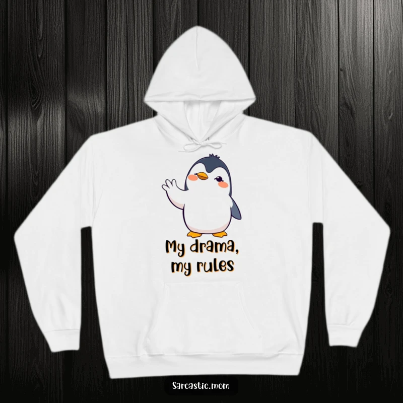 Funny penguin mom hoodie featuring a dramatic penguin mother with an expressive hand gesture, perfect for warmth and laughter.
