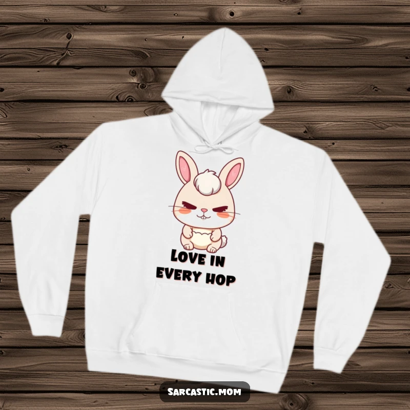 Funny Rabbit Mom Hoodie featuring a rabbit mom with a stern but loving expression, symbolizing guidance and warmth.