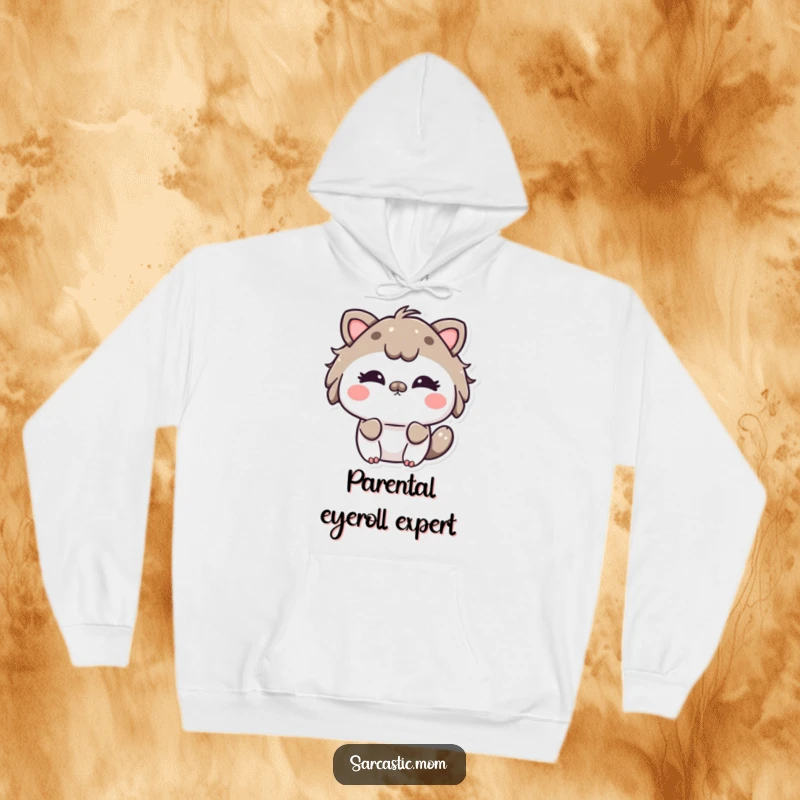 Funny Kawaii Mom Hoodie featuring a cute mother animal character with a playful, mischievous eye roll. Cozy and humorous.