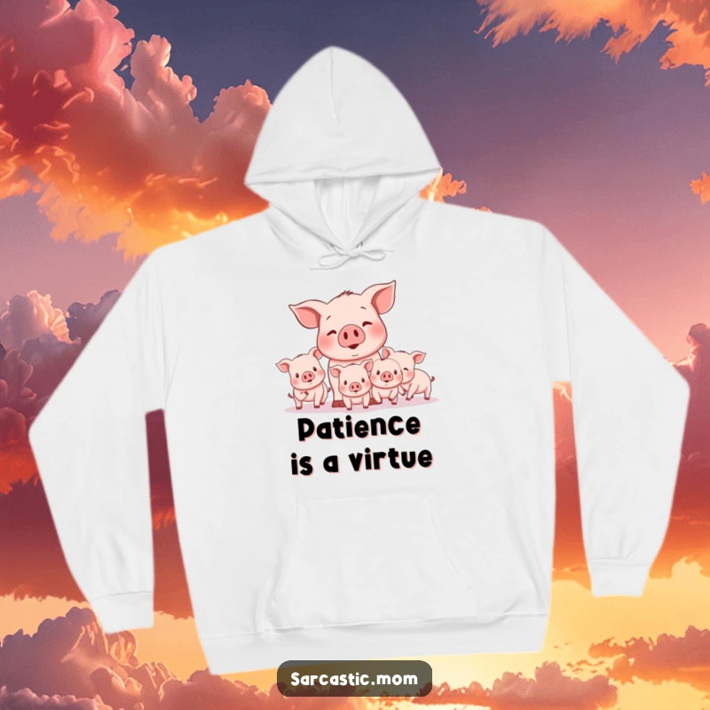 Funny mother pig character, looking slightly frazzled, trying to herd uncooperative piglets on this warm and humorous hoodie.
