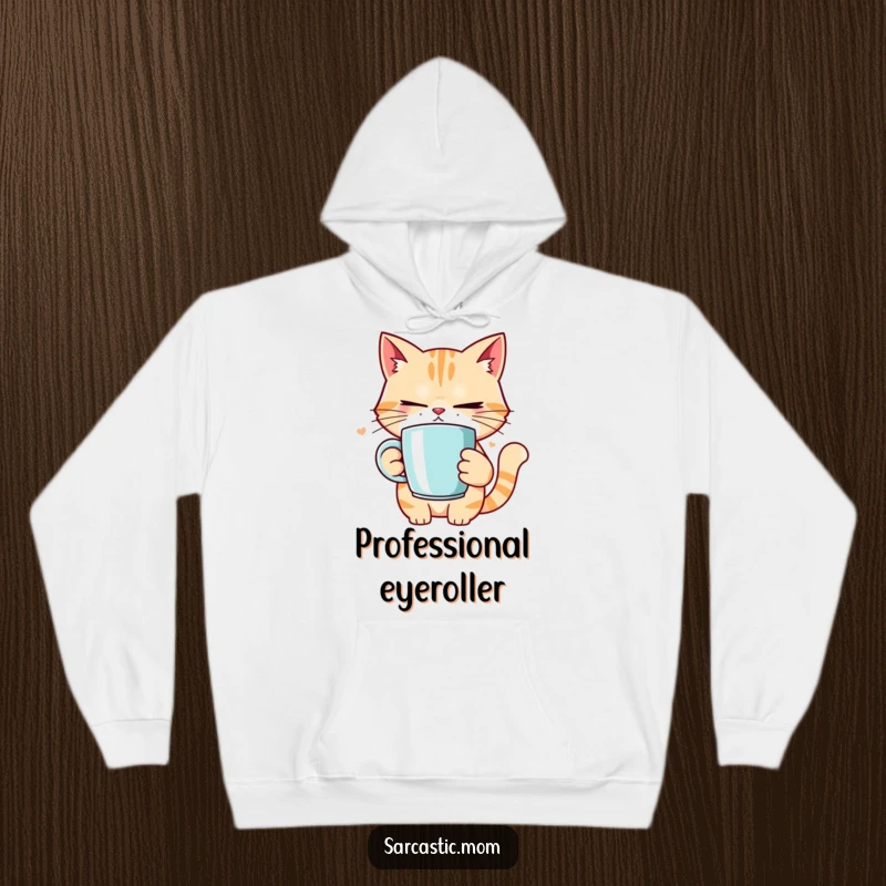 Funny cat mom rolling her eyes, cozy in a hoodie, holding a coffee mug, showing relatable tired mom vibes.