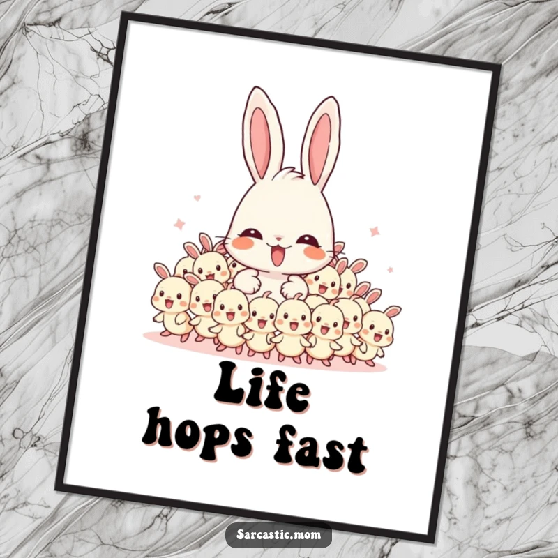 Funny free printable wall art of an overwhelmed mama bunny character with a whirlwind of energetic baby bunnies.