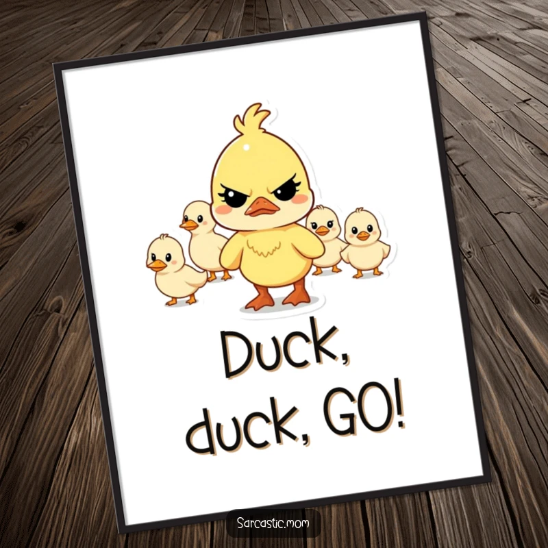 Funny Free Printable Wall Art: A mother duck, looking resolute, guides a hilariously disorganized procession of her flock of ducklings.