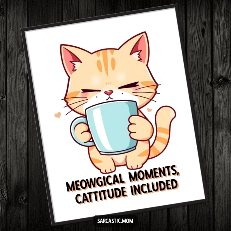 Funny Free Printable Wall Art: Cat mom doing an epic eye roll, holding a steaming coffee mug.