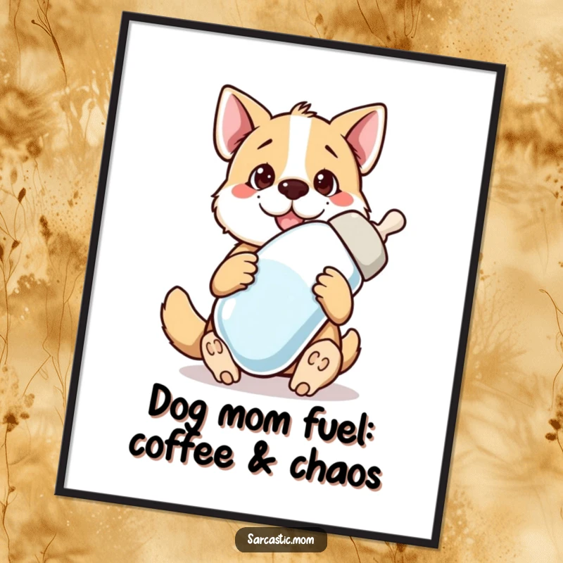 Funny Free Printable Wall Art: Bewildered dog mom holding an enormous baby bottle, symbolizing puppy needs.