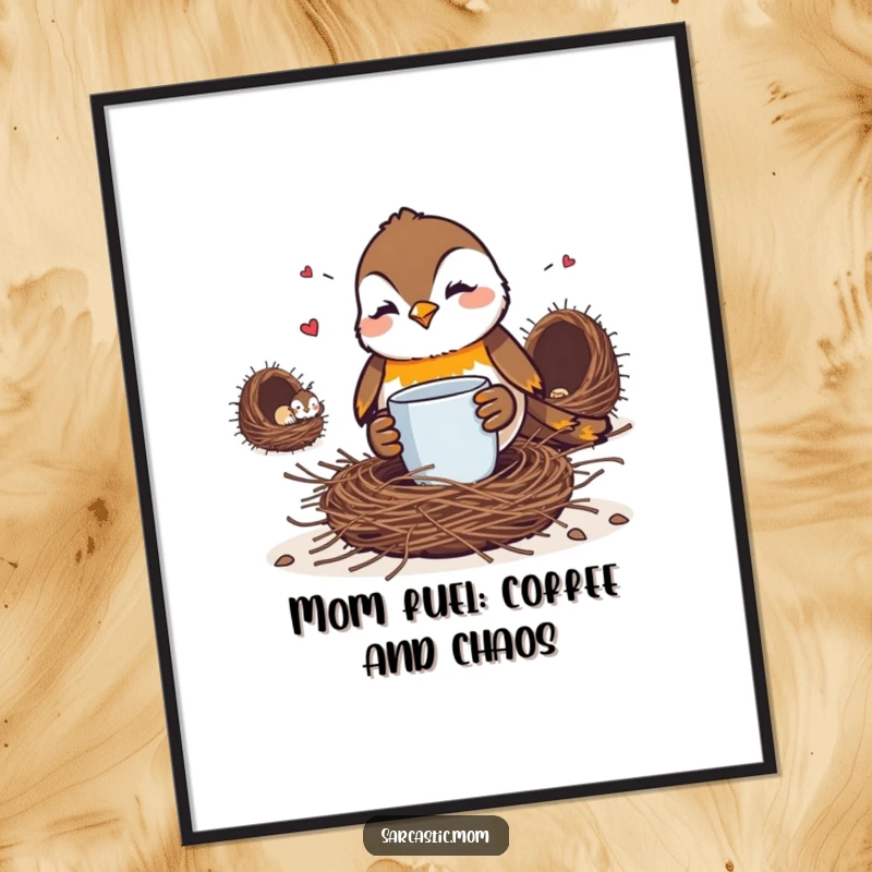 Funny Free Printable Robin Mom Wall Art: Ornery bird mom clutching coffee mug, glaring at a messy nest.