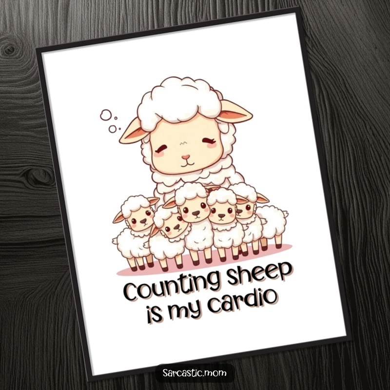 Funny Free Printable Sheep Mom Wall Art: Sighing sheep mom surrounded by counting fluffy, unruly lambs.