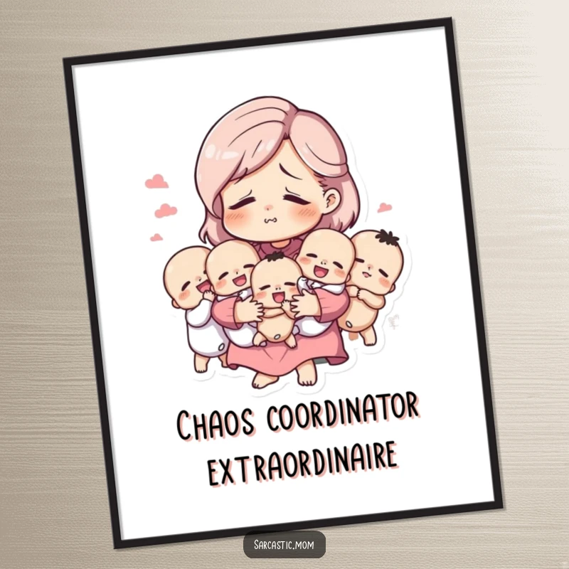 Funny Free Printable Wall Art: A mother figure, visibly tired but smiling, juggles and holds several babies with amused grace.