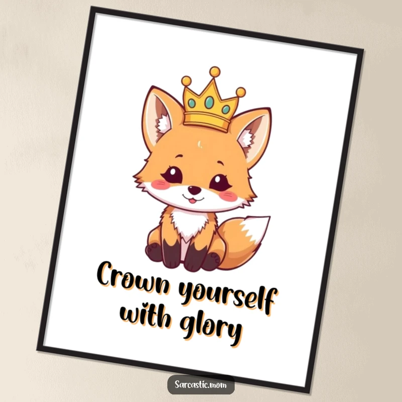 Funny Free Printable Wall Art: A playful fox cub humorously balances a tiny crown that's about to fall off.