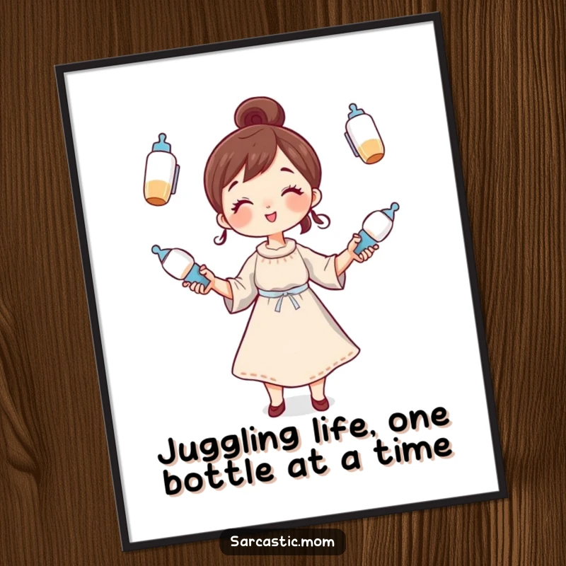 Funny Free Printable Wall Art: Whimsical mom juggling baby bottles, humorous motherhood art, downloadable decor.