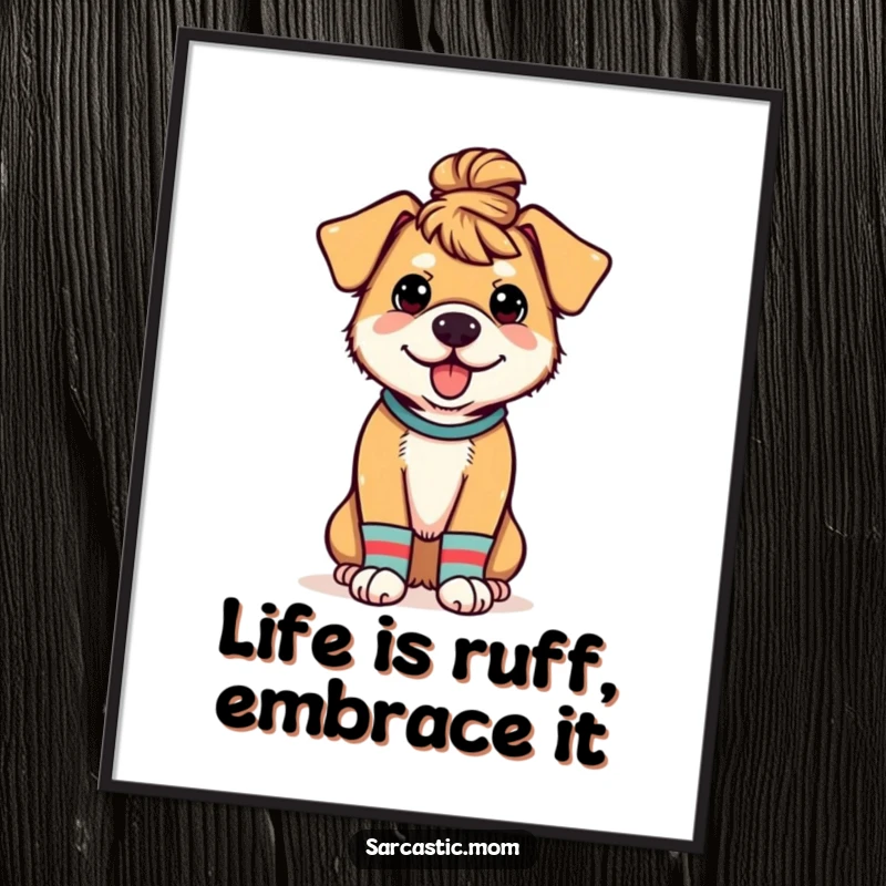 Funny free printable wall art showcasing a dog mom with mismatched socks and a messy bun, embodying relatable pet parent humor.