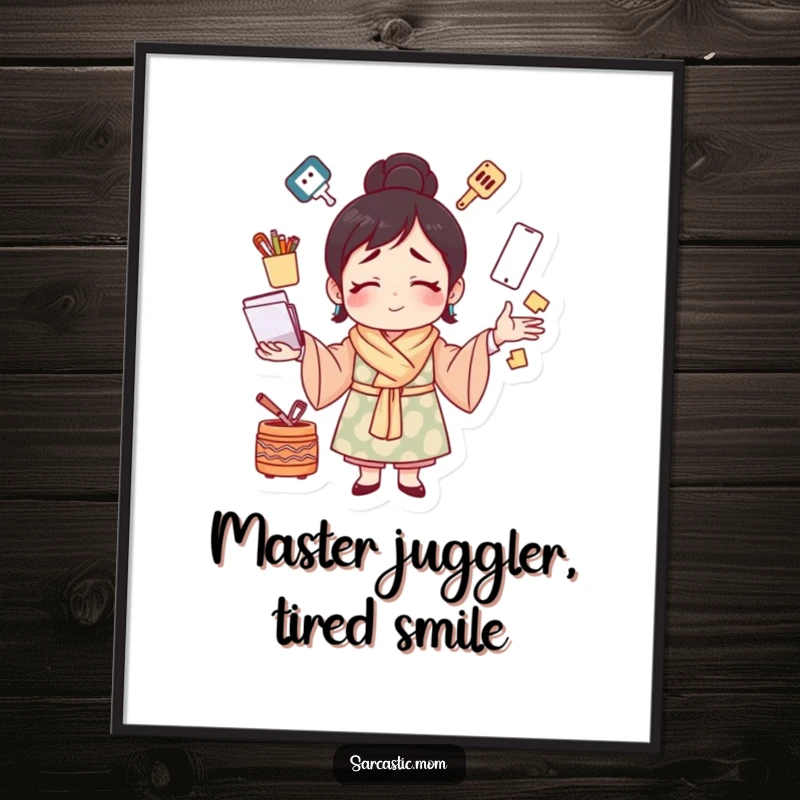 Funny Free Printable Wall Art: A mother figure is depicted juggling multiple tasks, maintaining a strained yet determined smile.