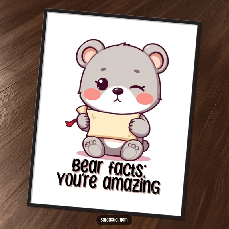 Funny Free Printable Wall Art: Cute bear cub winking, holding tiny scroll, mysterious expression, whimsical art, DIY decor.