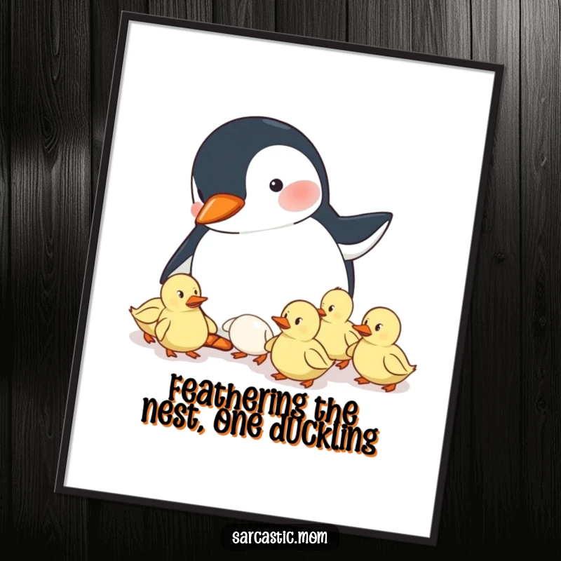 Funny free printable wall art showing a penguin mom humorously herding a flock of energetic, unruly ducklings, cartoon style.