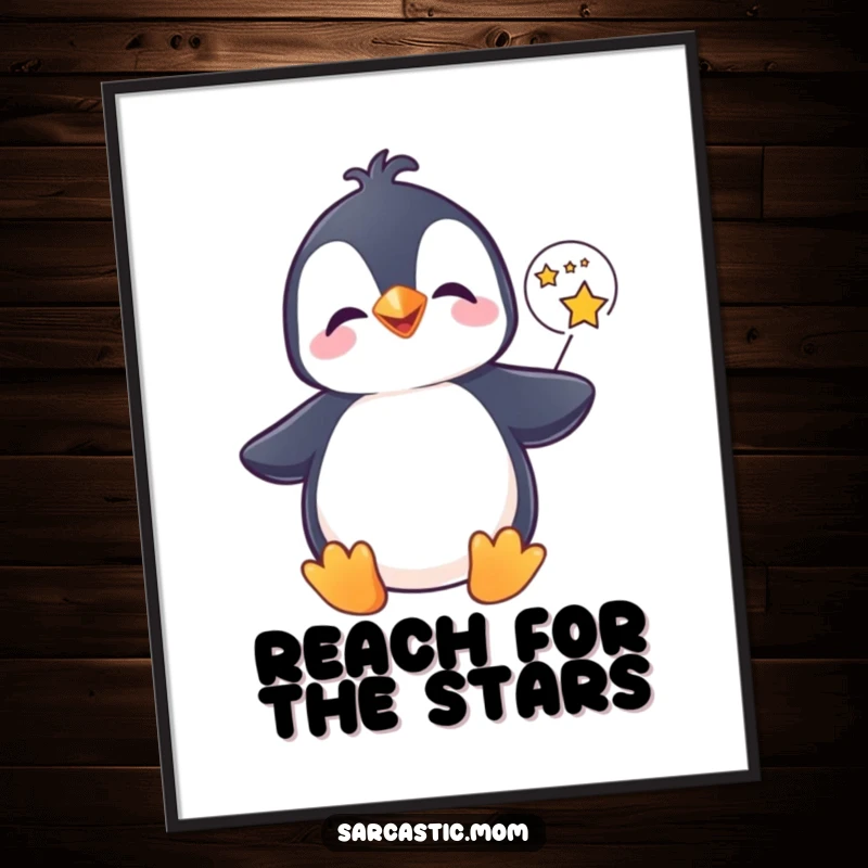 Funny Free Printable Wall Art: A joyful penguin giggles while holding a speech bubble packed with shimmering stars.