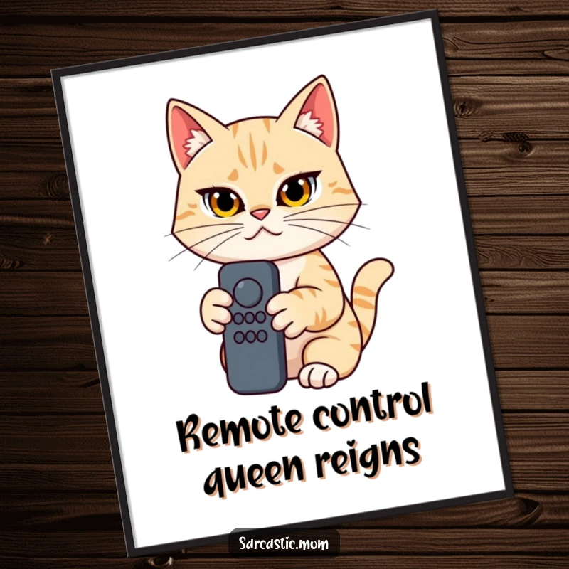 Funny Free Printable Wall Art: Determined cat mom intensely focused, holding a remote control, ready to claim her couch.