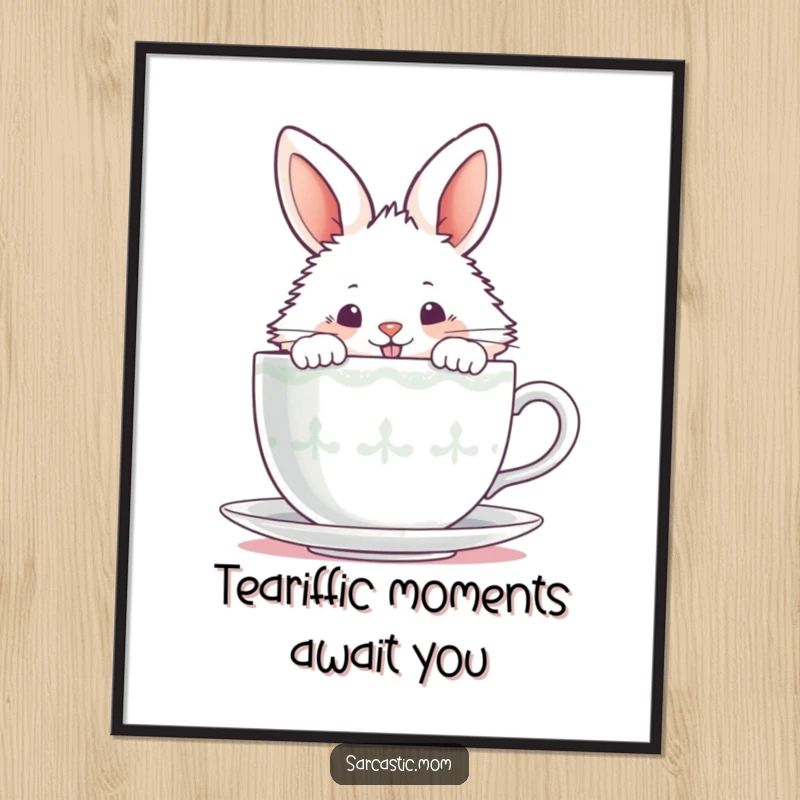 Funny Free Printable Wall Art: Fluffy bunny peeking over steaming teacup, mischievous grin, cute tea time art, DIY decor.