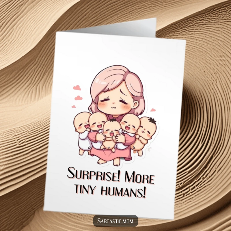 Funny Free Printable Birthday Card: A tired mother figure holding multiple babies, with an amused, slightly overwhelmed expression.