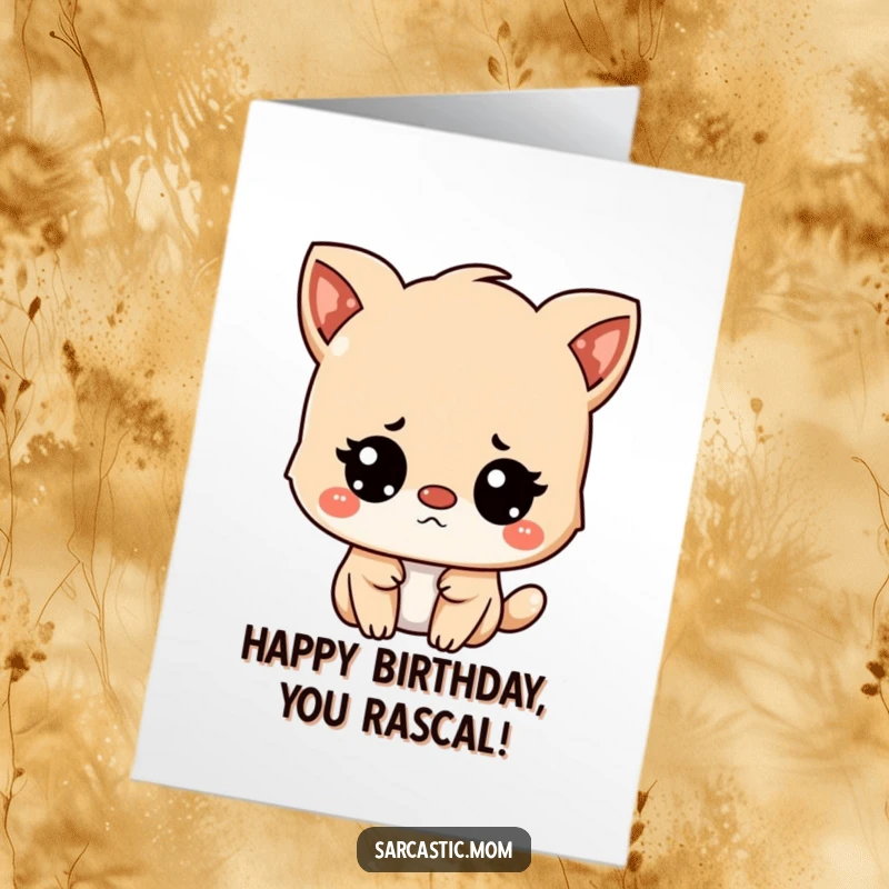 Funny Free Printable Birthday Card featuring a Kawaii mother animal character looking unimpressed yet secretly amused. Downloadable art.