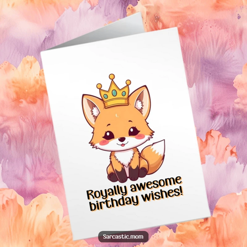 Funny Free Printable Birthday Card: Adorable fox cub hilariously loses its crown, perfect for a laugh.