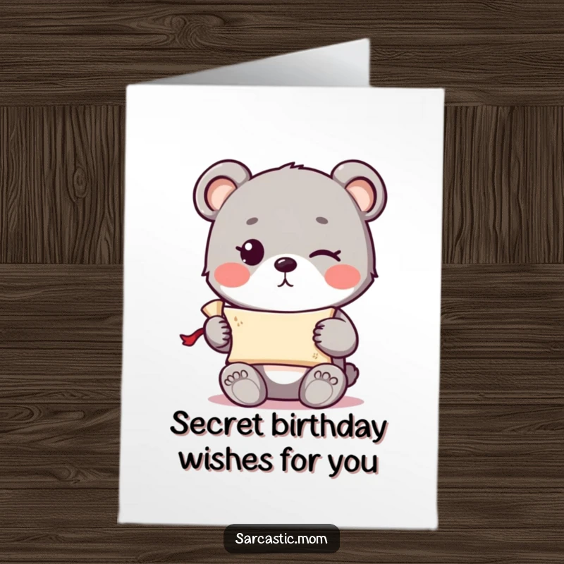 Funny Free Printable Birthday Card: Cute bear cub winking, holding secret scroll, mysterious birthday wish, DIY gift.