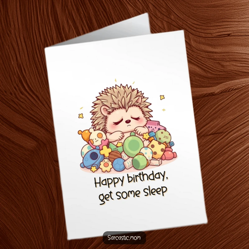 Funny Free Printable Birthday Card: Grumpy hedgehog mom trying to sleep, buried under a pile of children's toys.