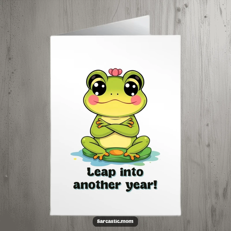 Funny Free Printable Frog Mom Birthday Card: Frog mom with crossed arms, judging a messy lily pad.