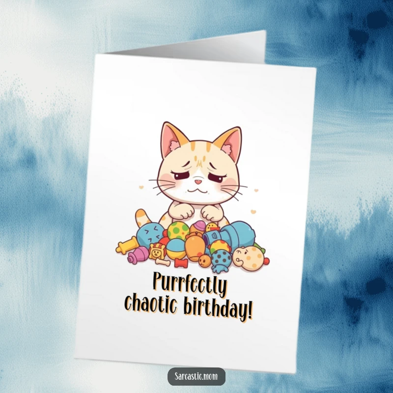 Funny free printable birthday card featuring an exasperated mother cat looking at a mountain of scattered cat toys.