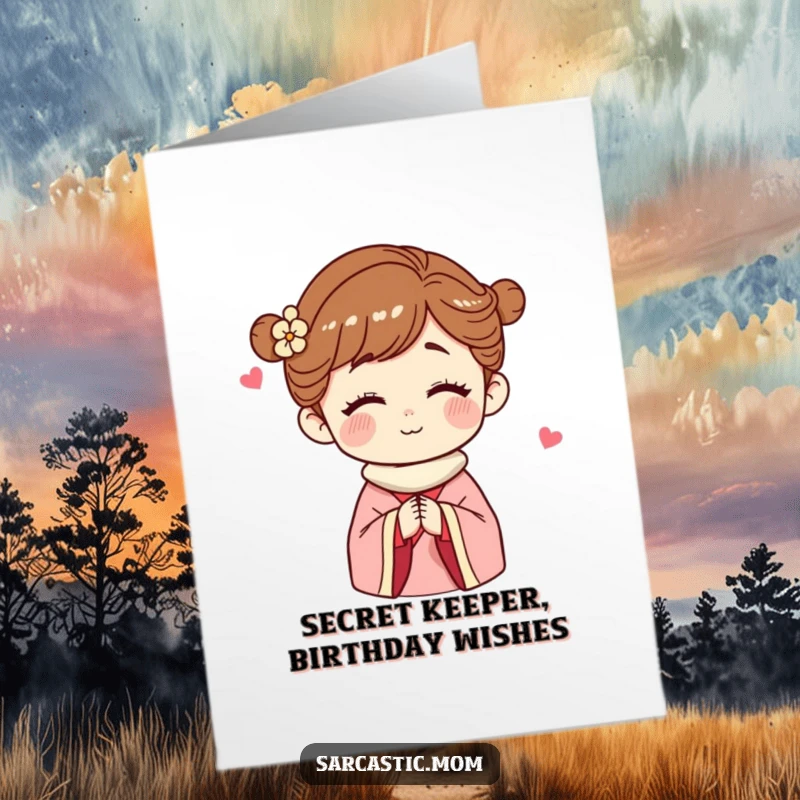 Funny free printable birthday card featuring a winking mom figure sharing a playful secret, perfect for a heartfelt chuckle.