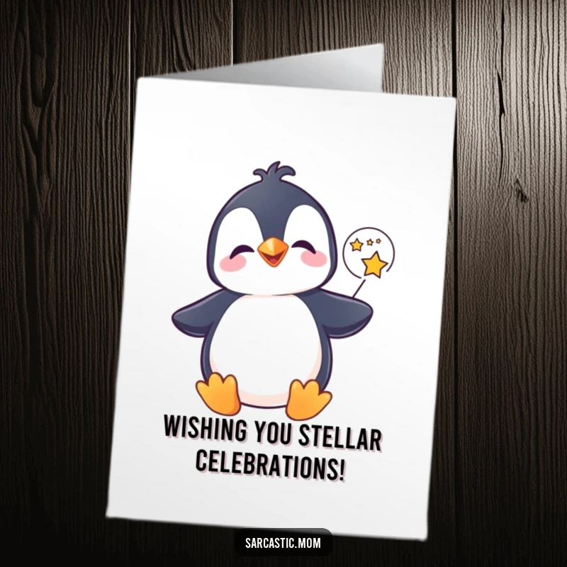 Funny Free Printable Birthday Card: A giggling penguin holds a speech bubble full of sparkling stars, radiating happiness.