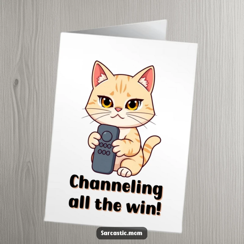 Funny Free Printable Congratulations Card: Cat mom with a fierce, determined expression holds a remote, ready to celebrate her victory.