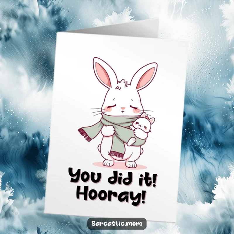 Funny Free Printable Congrats Card: Bunny mom humorously using a baby sling as a fashion accessory.