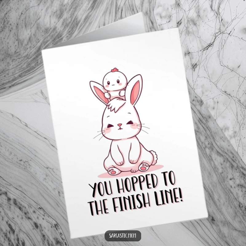 Funny free printable congratulations card showing a frazzled bunny mom with a baby precariously balanced on her head.