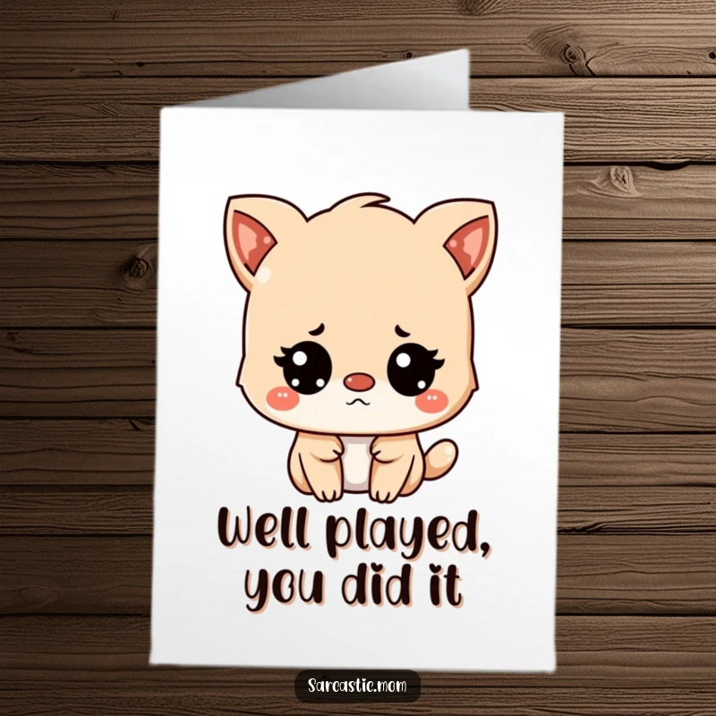 Funny Free Printable Congratulations Card showing a Kawaii mother animal with an unimpressed expression but a hint of amusement. Downloadable art.