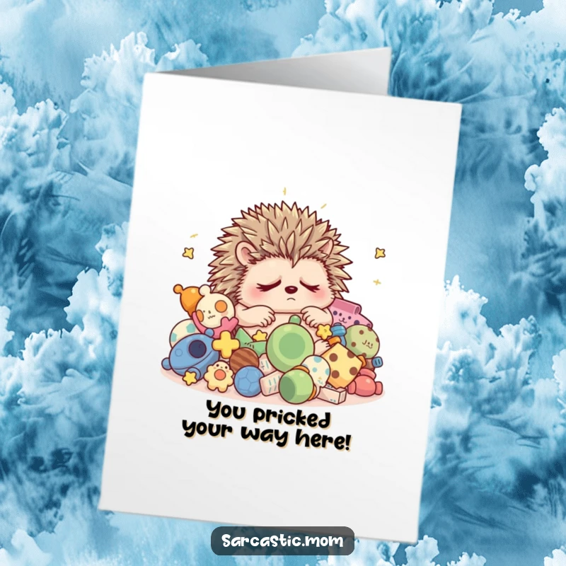 Funny Free Printable Congrats Card: Hedgehog mom attempting to sleep, overwhelmed by a mountain of toys.