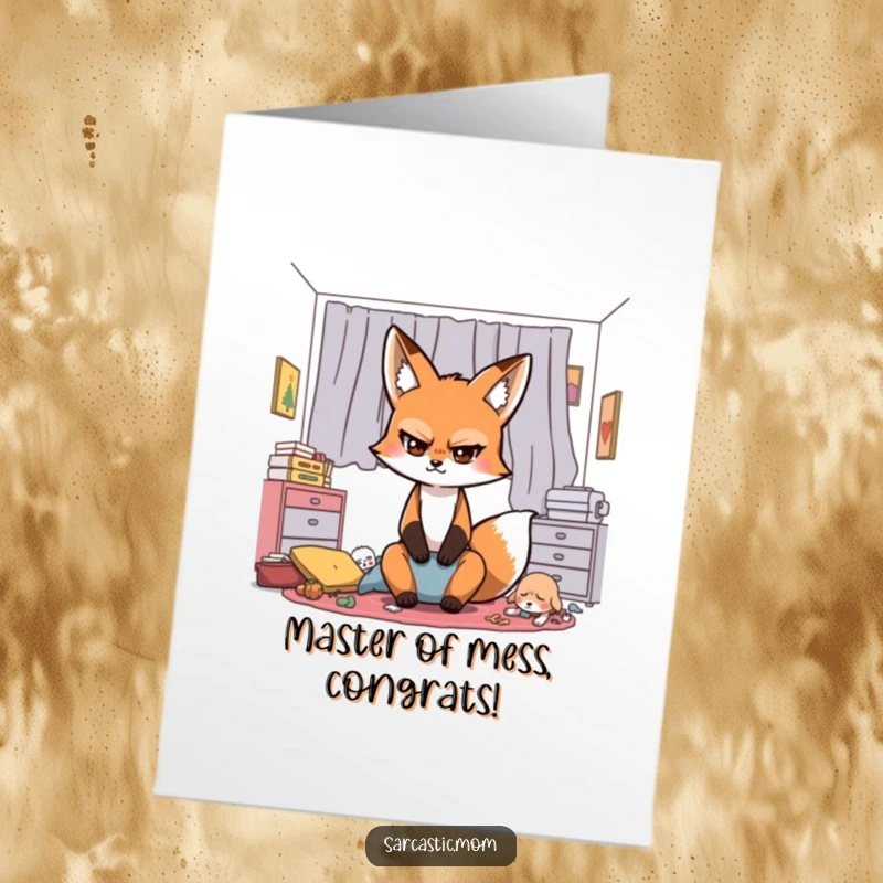 Funny Free Printable Congratulations Card: Sarcastic fox mom rolling her eyes dramatically at a messy room, acknowledging success.