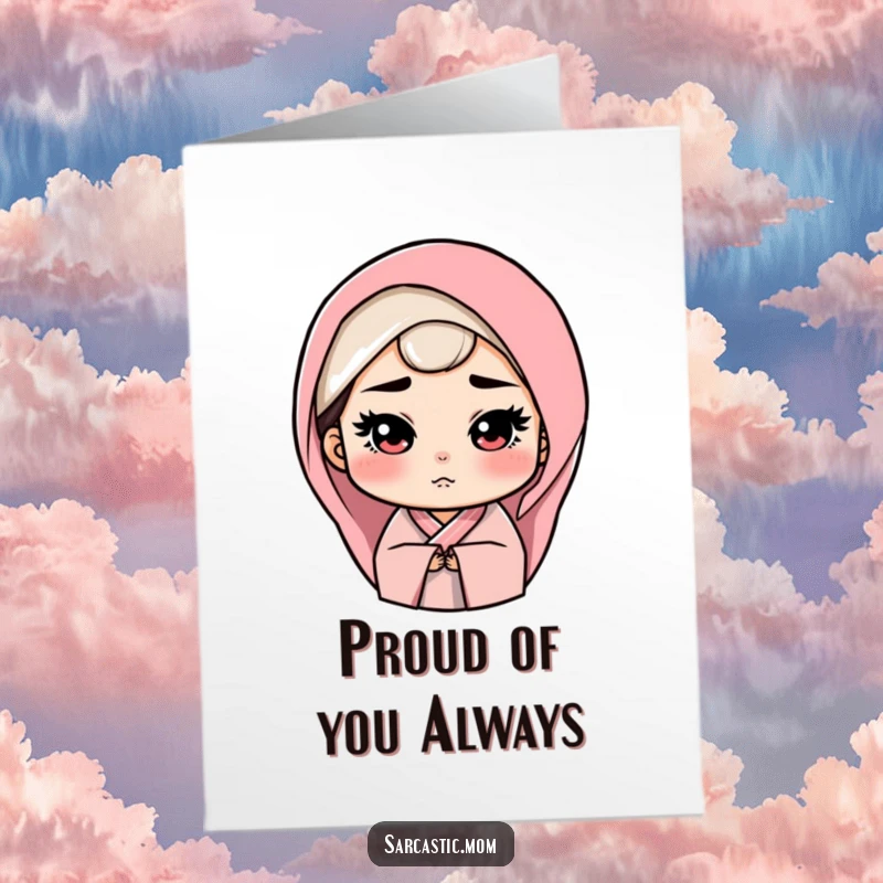 Funny free printable congratulations card showcasing a mother figure's stern but loving gaze, signifying pride and support.