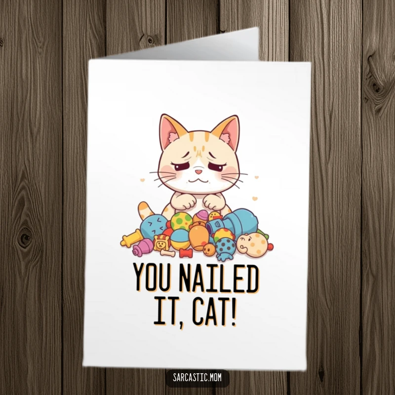 Funny free printable congratulations card showing an exasperated mother cat amidst a playful mess of cat toys.