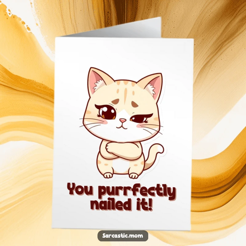 Funny Free Printable Congratulations Card: Cat mom character with a skeptical raised eyebrow and crossed arms, offering congrats.