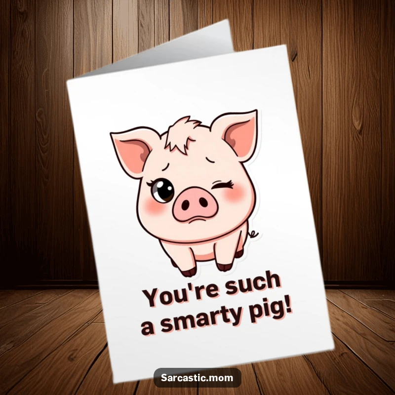 Funny Free Printable Congratulations Card: Pig mom with a rolling eye and slight frown, humorously acknowledging achievements.