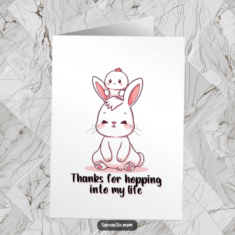 Amusing free printable thank you card featuring a bunny mom struggling to keep a baby balanced on her head.