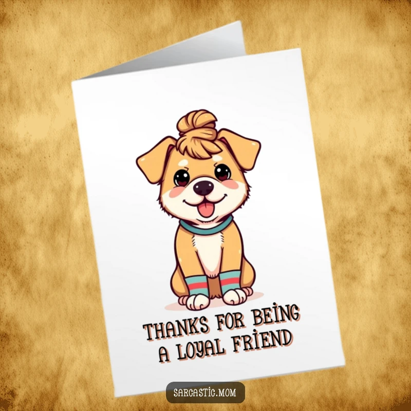 Amusing free printable thank you card capturing the essence of dog mom life with mismatched socks and a messy bun.