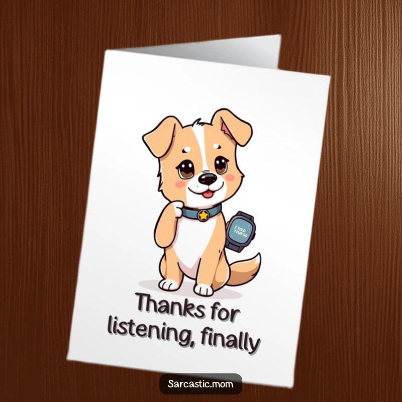 Funny Free Printable Thank You Card: Dog mom tapping her watch with an 'I told you so' look, offering thanks.
