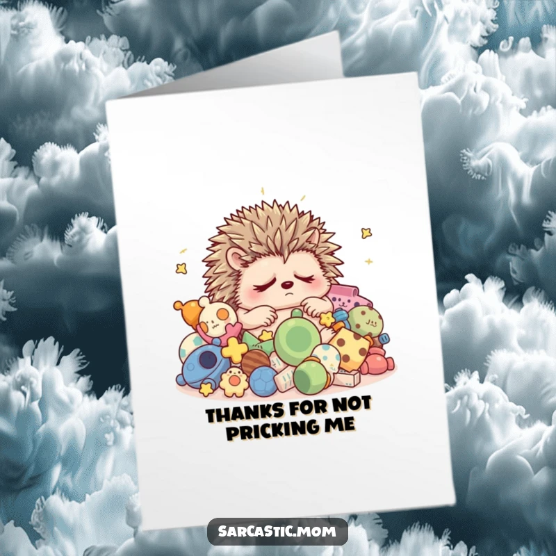 Funny Free Printable Thank You Card: Grumpy hedgehog mom trying to find sleep in a sea of scattered toys.