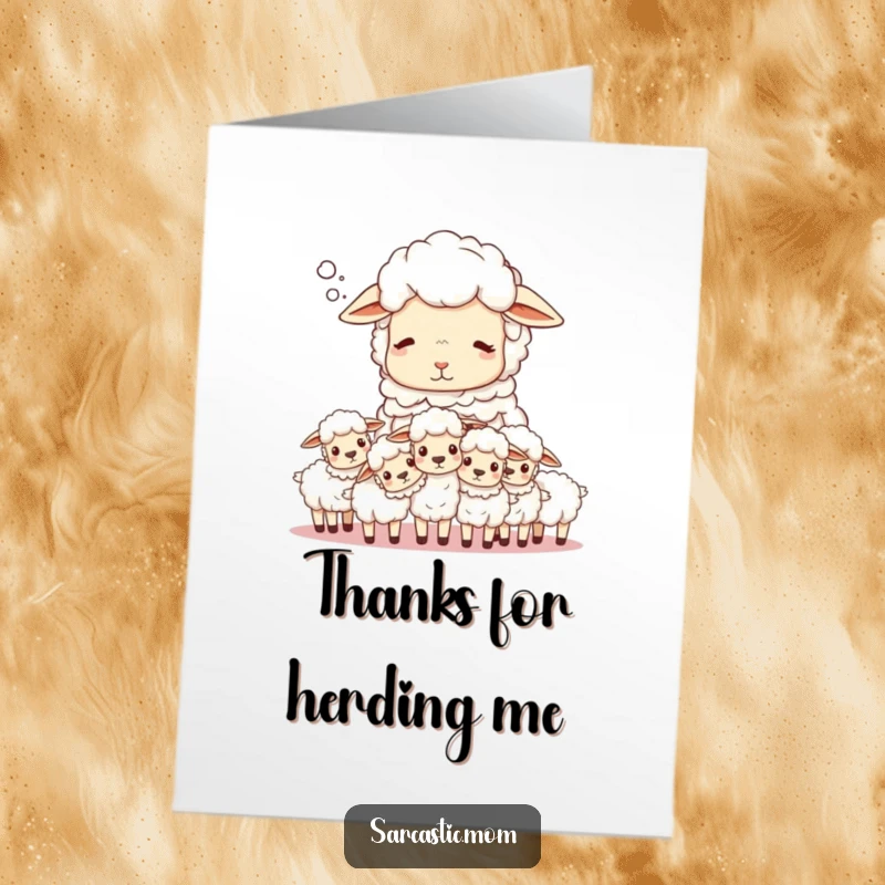 Funny Free Printable Sheep Mom Thank You Card: Sheep mom sighing, counting lambs, expressing thanks.