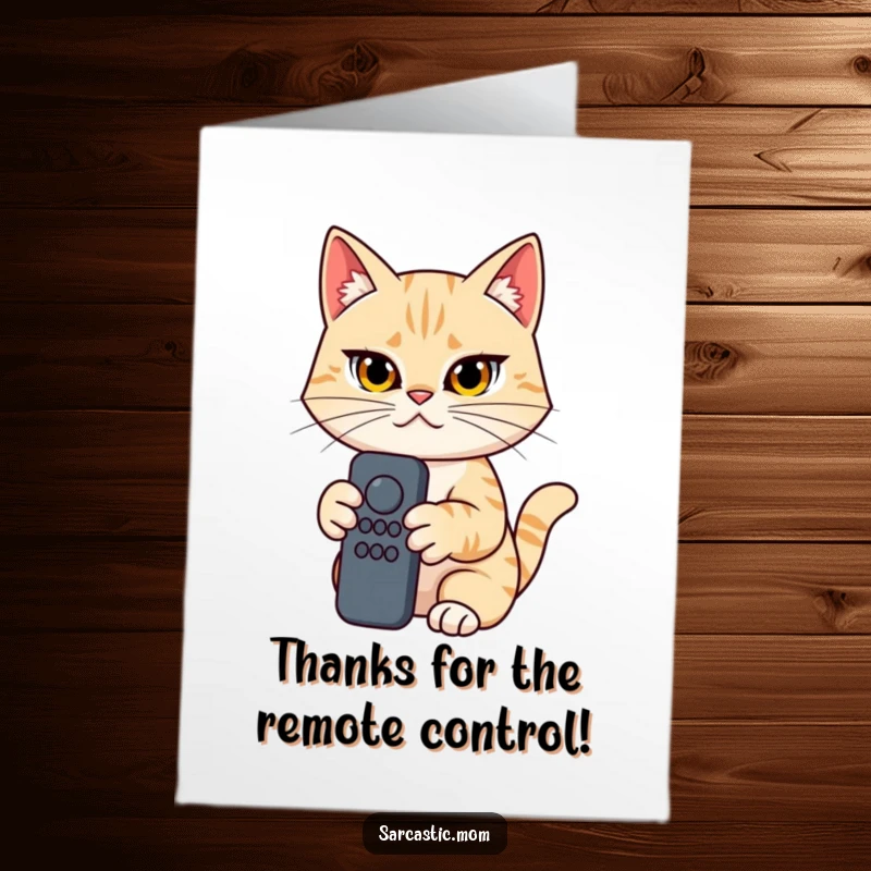 Funny Free Printable Thank You Card: Determined cat mom grips a remote, ready to thank you for something important, cat-style.