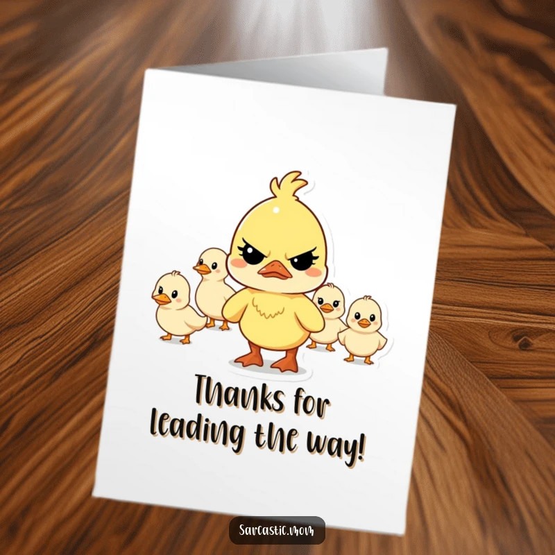 Funny Free Printable Thank You Card: A mother duck with a serious expression leads her scattered, cheerful line of ducklings onward.