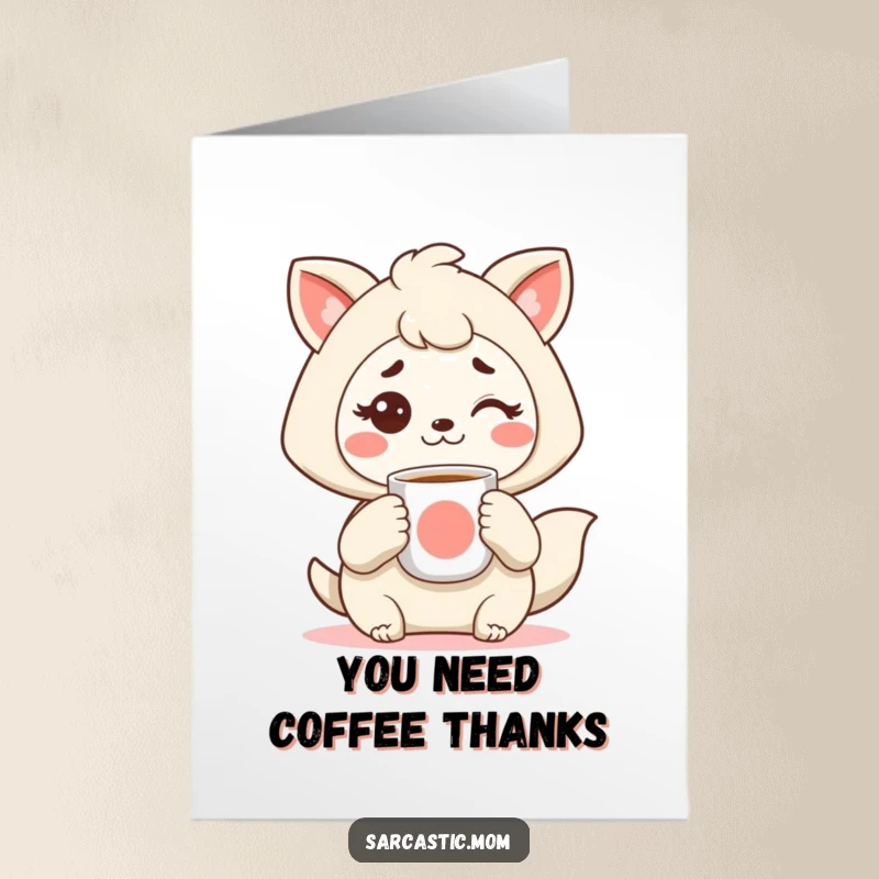 Funny Free Printable Thank You Card: Kawaii mom takes a coffee break, giving a subtle, knowing eyebrow raise.
